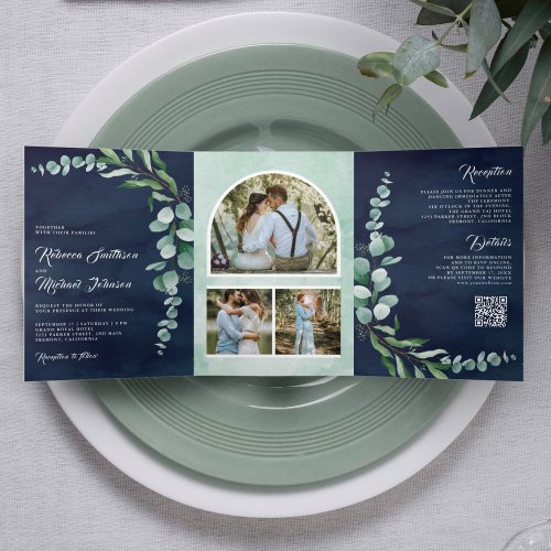 Eucalyptus Photo Collage QR Code Navy Blue Wedding Tri_Fold Invitation