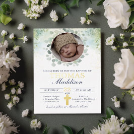 Eucalyptus Photo Cross Watercolor Baptism Foil Invitation