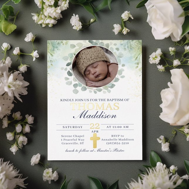 Eucalyptus Photo Cross Watercolor Baptism Foil Invitation (Creator Uploaded)