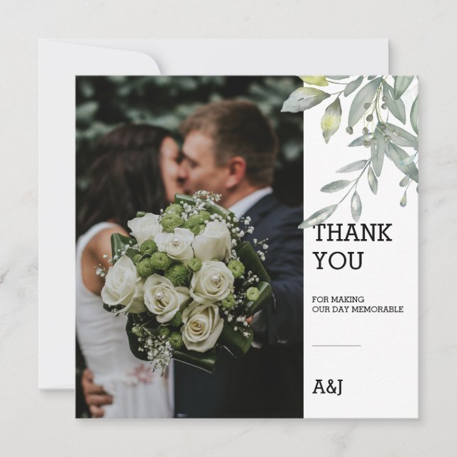 Eucalyptus Photo Flat Wedding Thank You Card (Front)