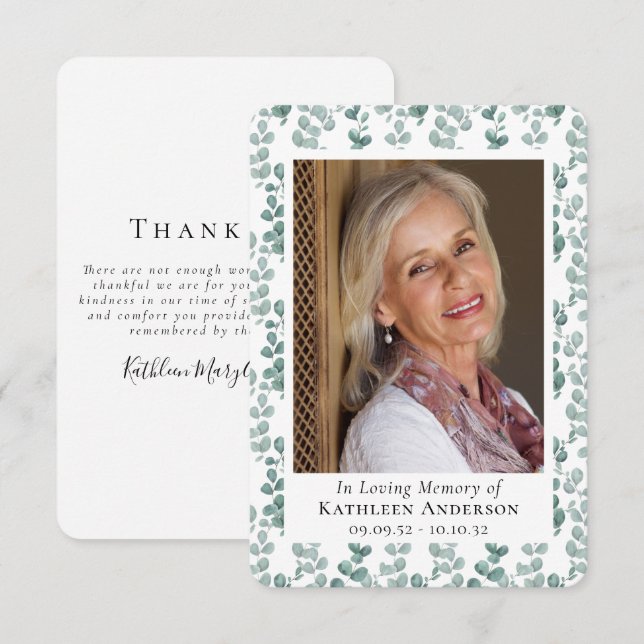 Eucalyptus Photo Funeral Sympathy Thank You Note Card (Front/Back)