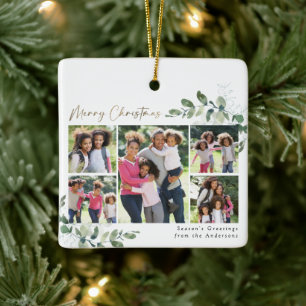 Eucalyptus Photo Gold Foil Merry Christmas Ceramic Ornament