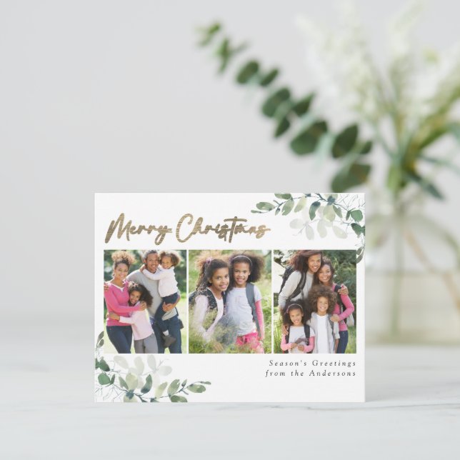 Eucalyptus Photo Gold Foil Merry Christmas Holiday Card (Standing Front)