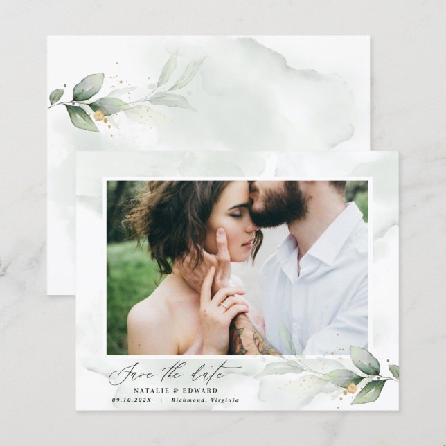 Eucalyptus photo green modern elegant wedding save (Front/Back)