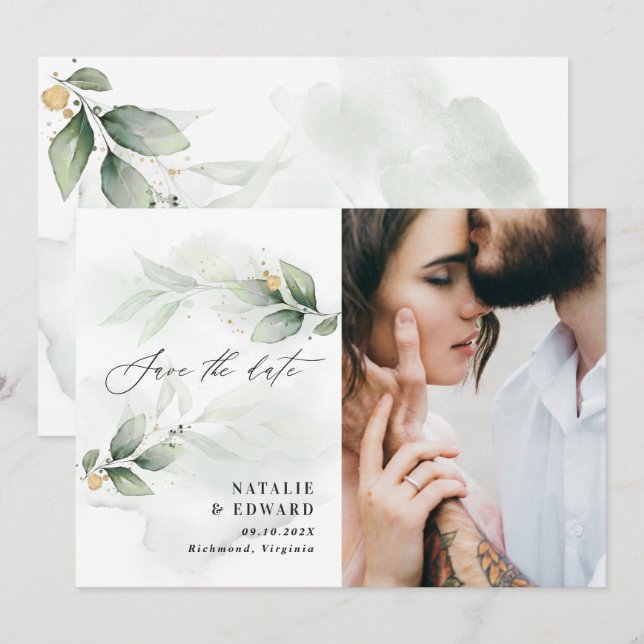 Eucalyptus photo green modern elegant wedding save save the date (Front/Back)