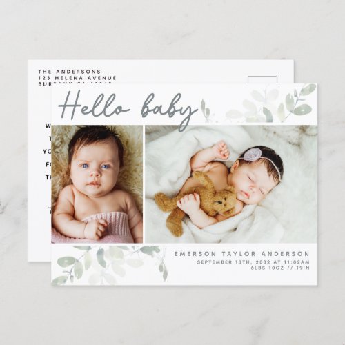 Eucalyptus Photo Hello Baby Announcement Postcard