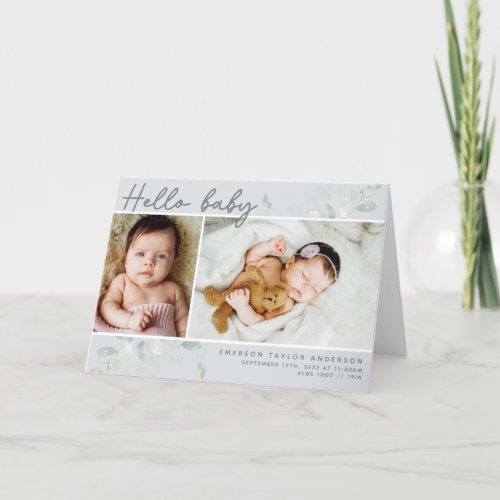 Eucalyptus Photo Hello Baby Birth Stats Folded  Thank You Card