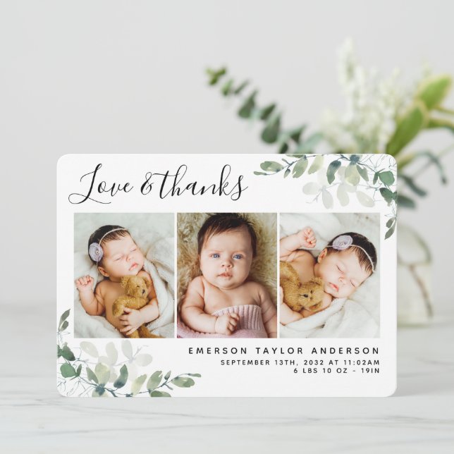 Eucalyptus Photo Love & Thanks Birth Announcement (Standing Front)