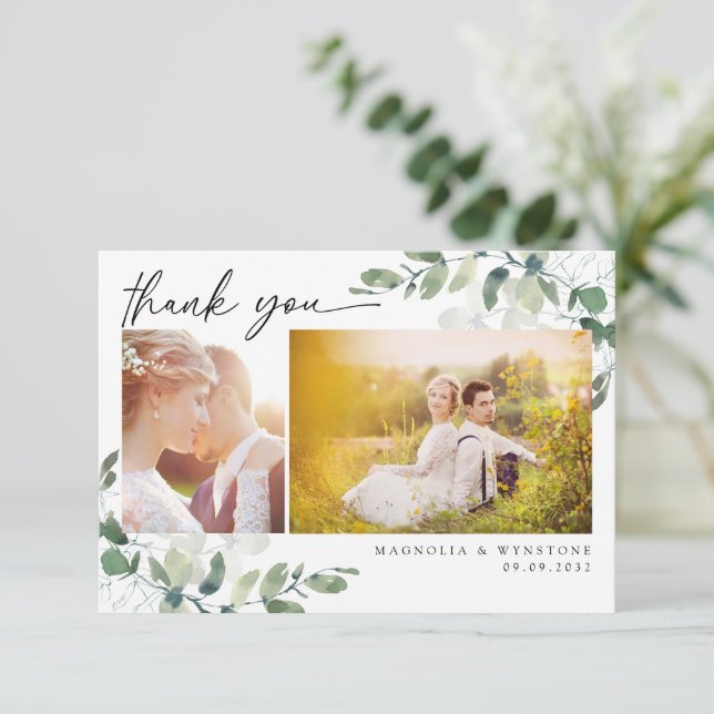 Eucalyptus Photo Modern Wedding Thank You Card (Standing Front)