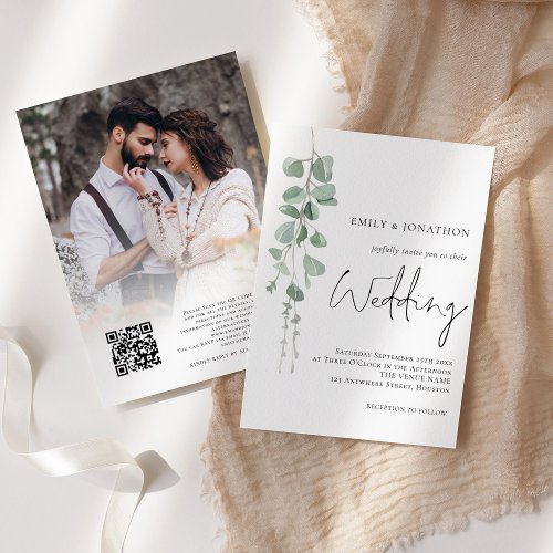 Eucalyptus Photo Overlay QR Code Script Wedding Invitation
