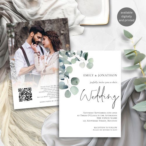Eucalyptus Photo Overlay Script QR Code Wedding Invitation