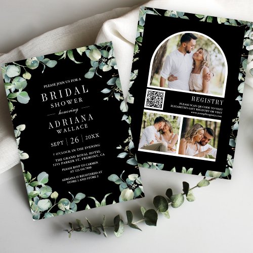 Eucalyptus Photo QR Code Black Bridal Shower Invitation