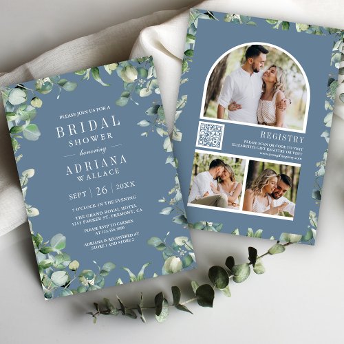 Eucalyptus Photo QR Code Dusty Blue Bridal Shower Invitation