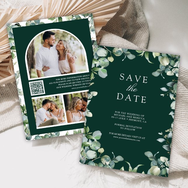 Eucalyptus Photo QR Code Emerald Green Wedding Save The Date (Creator Uploaded)