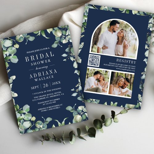 Eucalyptus Photo QR Code Navy Blue Bridal Shower Invitation