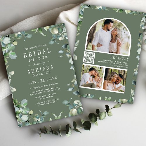 Eucalyptus Photo QR Code Sage Green Bridal Shower Invitation