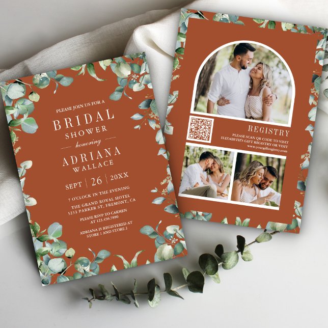 Eucalyptus Photo QR Code Terracotta Bridal Shower Invitation (Creator Uploaded)