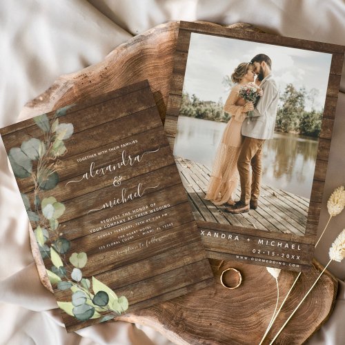 Eucalyptus Photo Rustic Wood Wedding Invitation