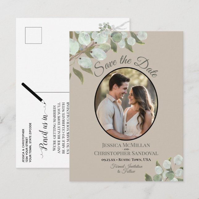 Eucalyptus & Photo Tan Wedding Save the Date Announcement Postcard (Front/Back)