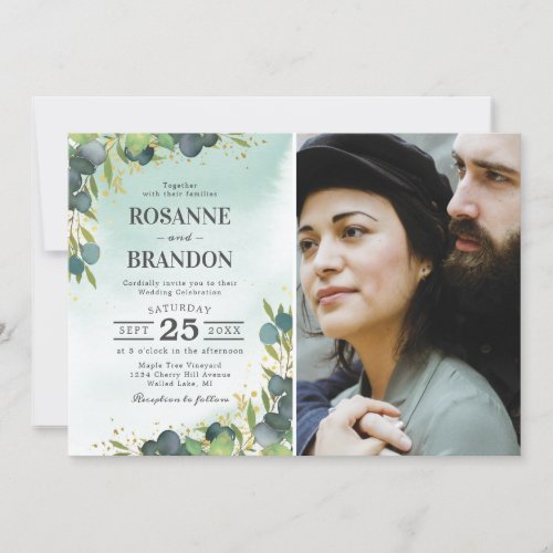 Eucalyptus Photo Wedding Invitation - Rustic greenery wedding invitations featuring a faded watercolor ombre background, elegant green botanical eucalyptus leaves, splashes of faux gold foil, a photo of the couple, and a simple wedding template that is easy to personalize.
