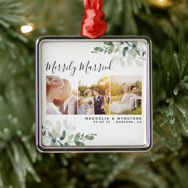 Eucalyptus Photo Wedding Newlyweds Keepsake Metal Ornament (Tree)