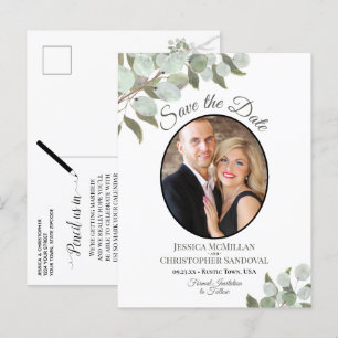 Eucalyptus & Photo White Wedding Save the Date Announcement Postcard