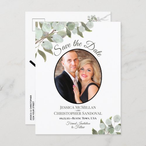 Eucalyptus  Photo White Wedding Save the Date Announcement Postcard