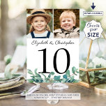 Eucalyptus Photos Wedding Table Number Sign<br><div class="desc">Modern, botanical wedding table number sign shown in a 5x7" size personalized with two photos, names of the bride and groom in your choice of color and font styles and accented with watercolor eucalyptus leaves. Include various photos of the couple through the years or their engagement pictures for an entertaining...</div>