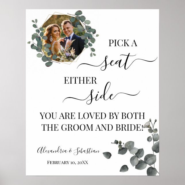 Eucalyptus Pick A Seat Either Side Wedding Sign (Front)