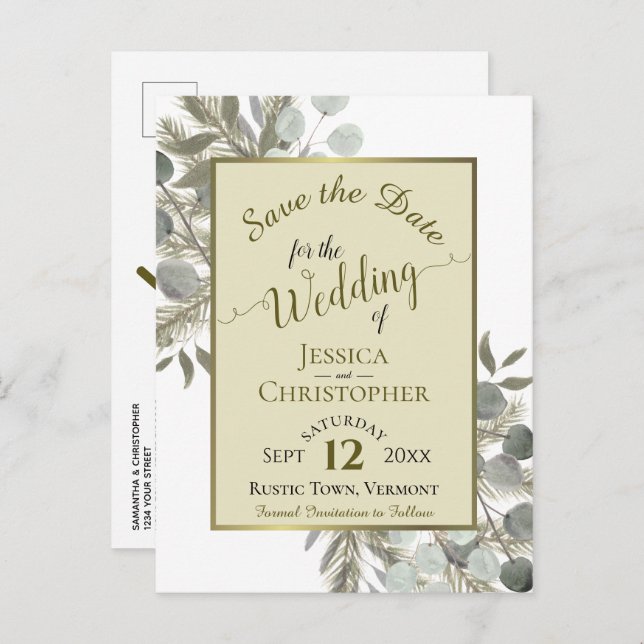 Eucalyptus & Pine Boho Gold Wedding Save the Date Announcement Postcard (Front/Back)