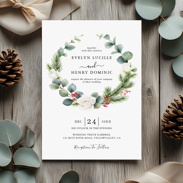 Eucalyptus Pine Greenery Wreath Evergreen Wedding Invitation (Creator Uploaded)