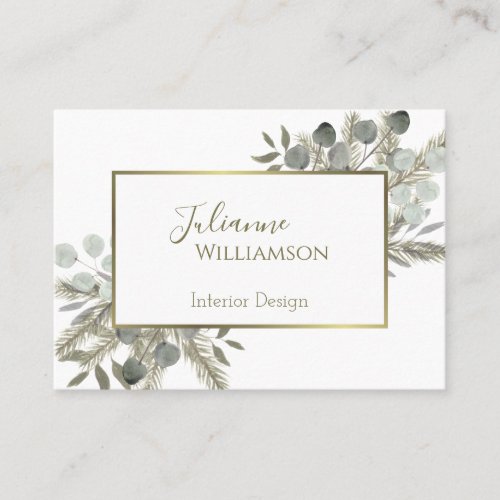 Eucalyptus  Pine Sage Green  Gold Watercolor Business Card