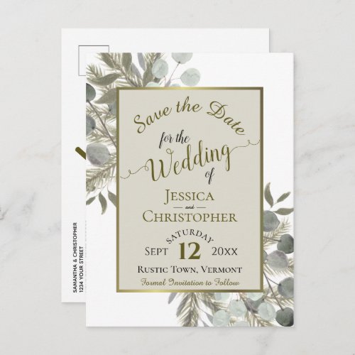 Eucalyptus  Pine Taupe Wedding Save the Date Announcement Postcard