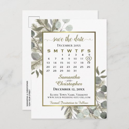 Eucalyptus  Pine Wedding Save the Date Calendar Announcement Postcard