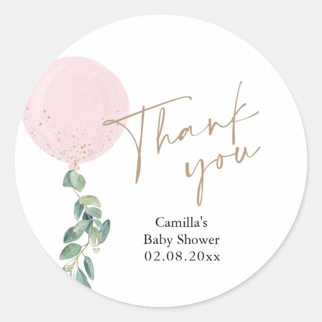Eucalyptus Pink Balloon Baby Shower  Classic Round Sticker (Front)