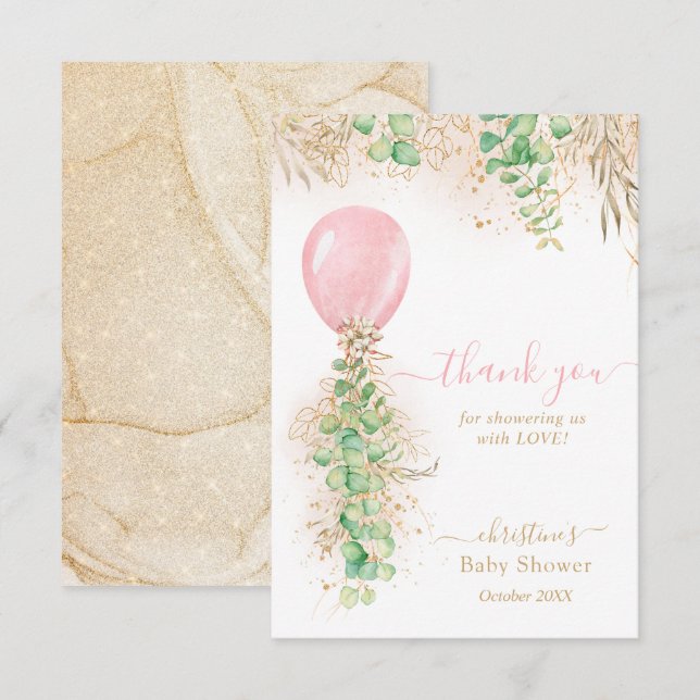 Eucalyptus Pink Balloon Baby Shower Thank You Card (Front/Back)