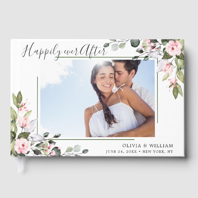 Eucalyptus Pink Blush Roses PHOTO Wedding Guest Book (Front)