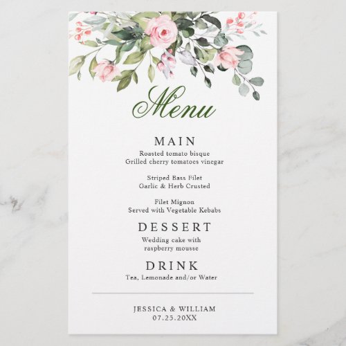Eucalyptus Pink Blush Roses Wedding Dinner Menu