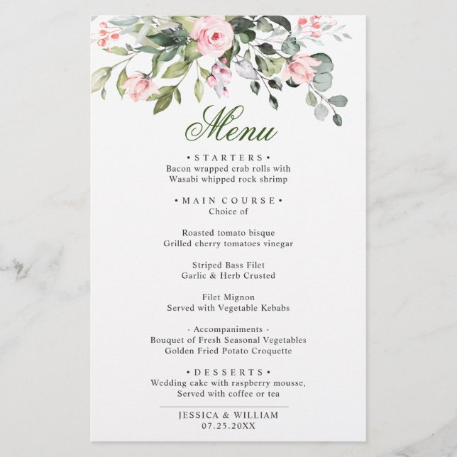 Eucalyptus Pink Blush Roses Wedding Dinner Menu (Front)