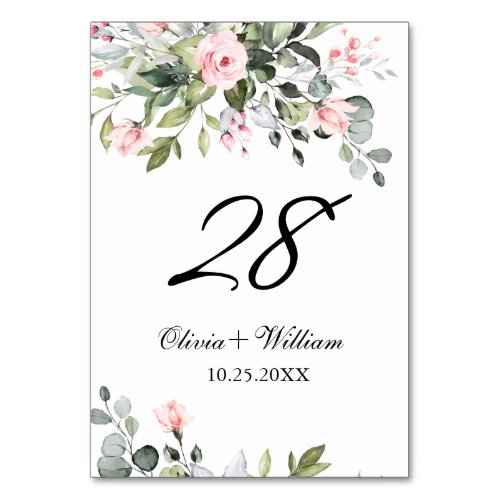 Eucalyptus Pink Blush Roses Wedding Table Number