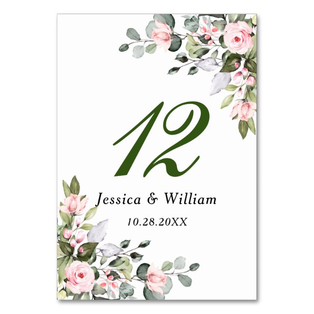 Eucalyptus Pink Blush Roses Wedding Table Number (Front)