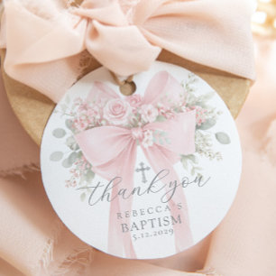 Eucalyptus Pink Bow Baptism Thank you Favor Tags