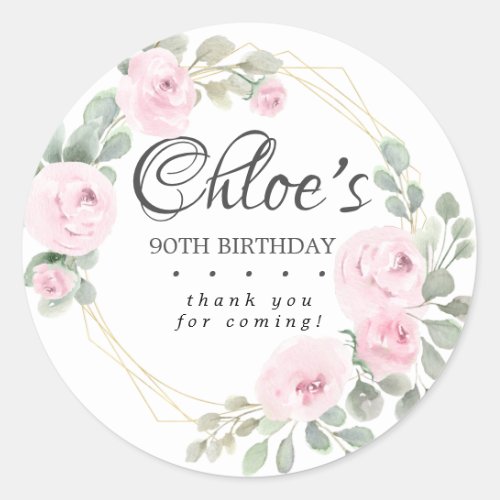 Eucalyptus Pink Floral 90th Birthday Thank You Classic Round Sticker