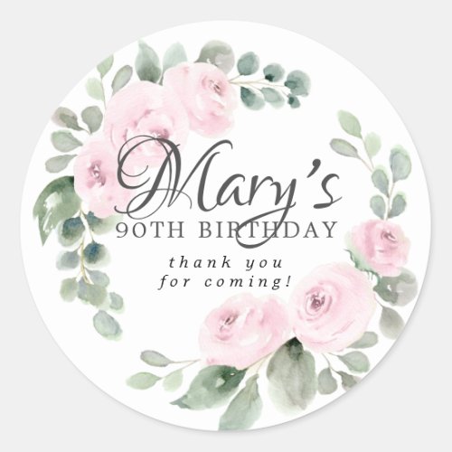 Eucalyptus Pink Floral 90th Birthday Thank You Classic Round Sticker