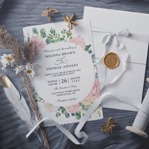 Eucalyptus Pink Floral Budget QR Code Wedding Invitation