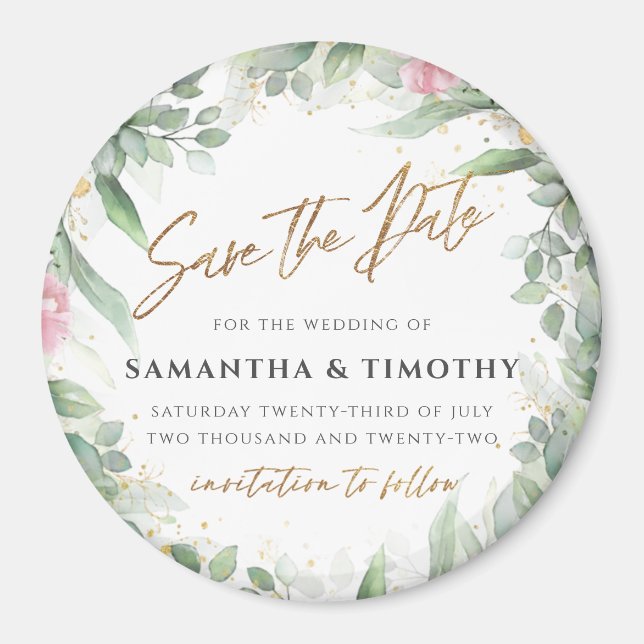 Eucalyptus & Pink Floral Save the Date Magnet (Front)