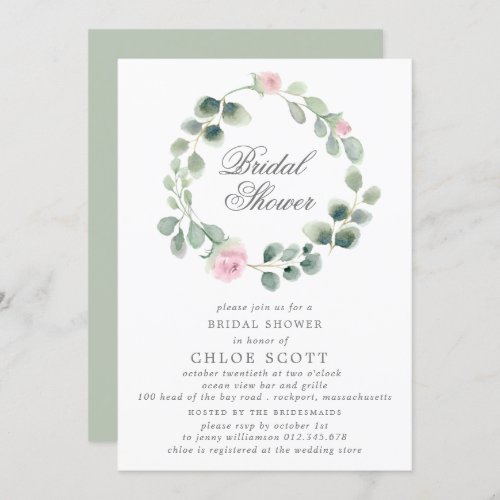 Eucalyptus Pink Floral Wreath Bridal Shower Invitation