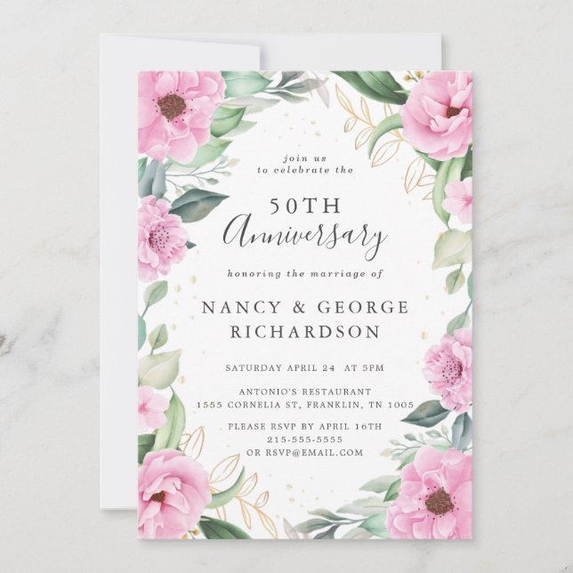 Eucalyptus Pink Flowers 50th Wedding Anniversary Invitation (Front)