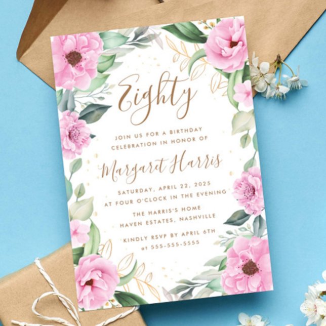 Eucalyptus Pink Gold Floral 80th Eighty Birthday Invitation (Creator Uploaded)