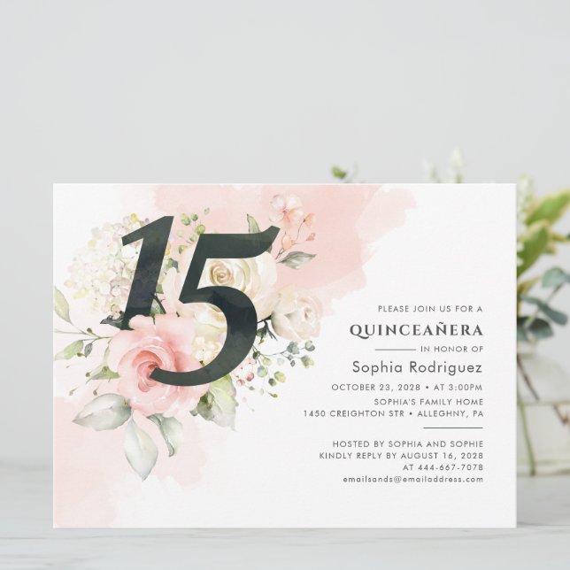  Eucalyptus Pink Rose 15th Birthday Quinceanera Invitation (Standing Front)